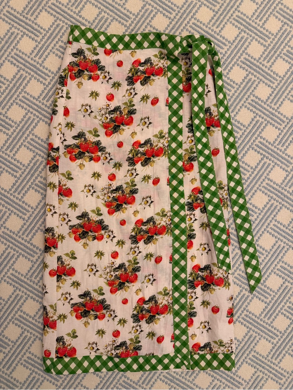 Elizabeth and James White Strawberry Print Wrap Skirt with Green Gingham Trim